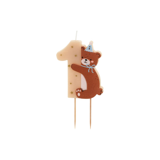 Birthday candle shaped as number one with adorable teddy bear hugging it, perfect for first birthday cakes