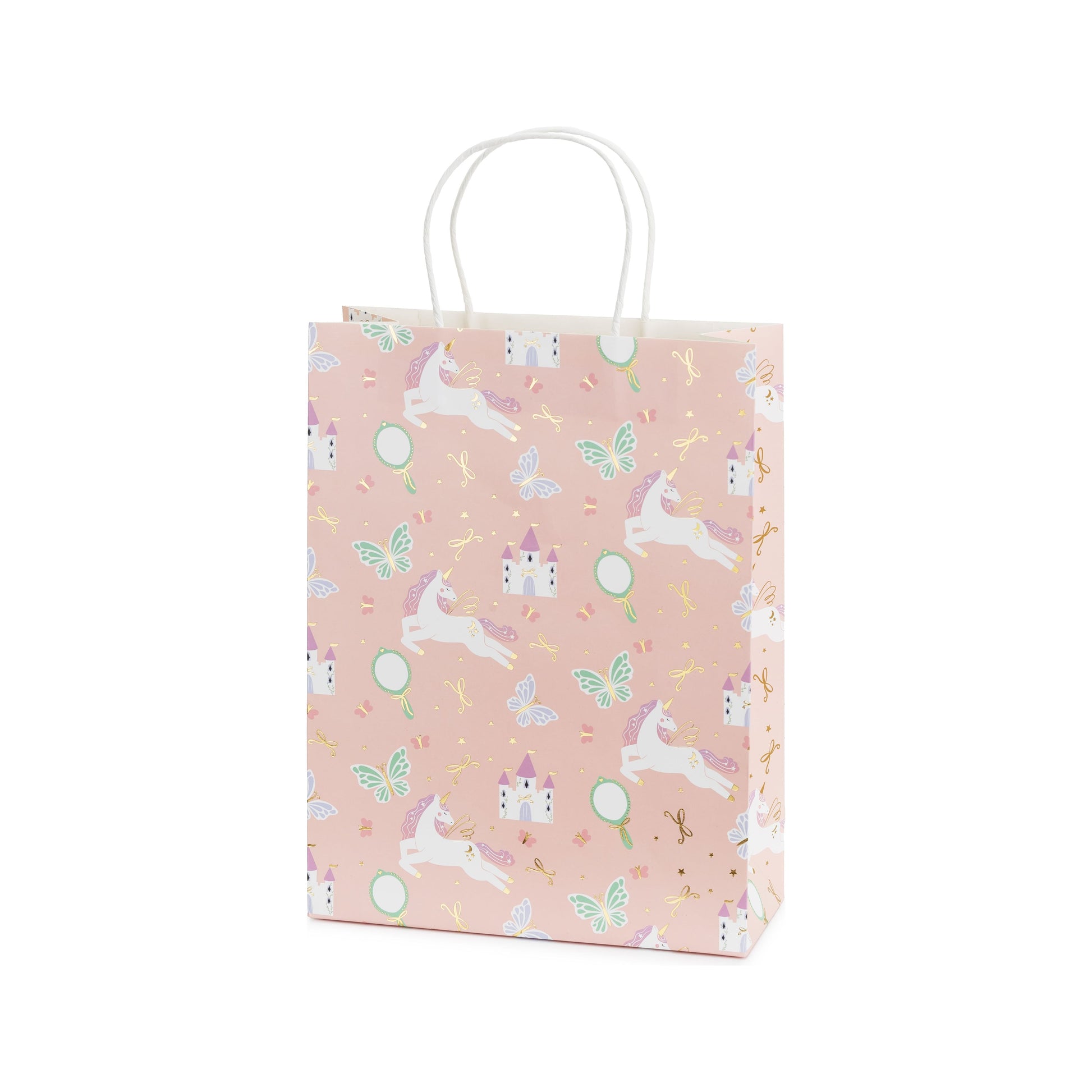 Pink gift bag with unicorns, castles, and butterflies – fairy tale party goodie bag