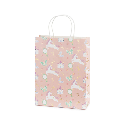 Pink gift bag with unicorns, castles, and butterflies – fairy tale party goodie bag