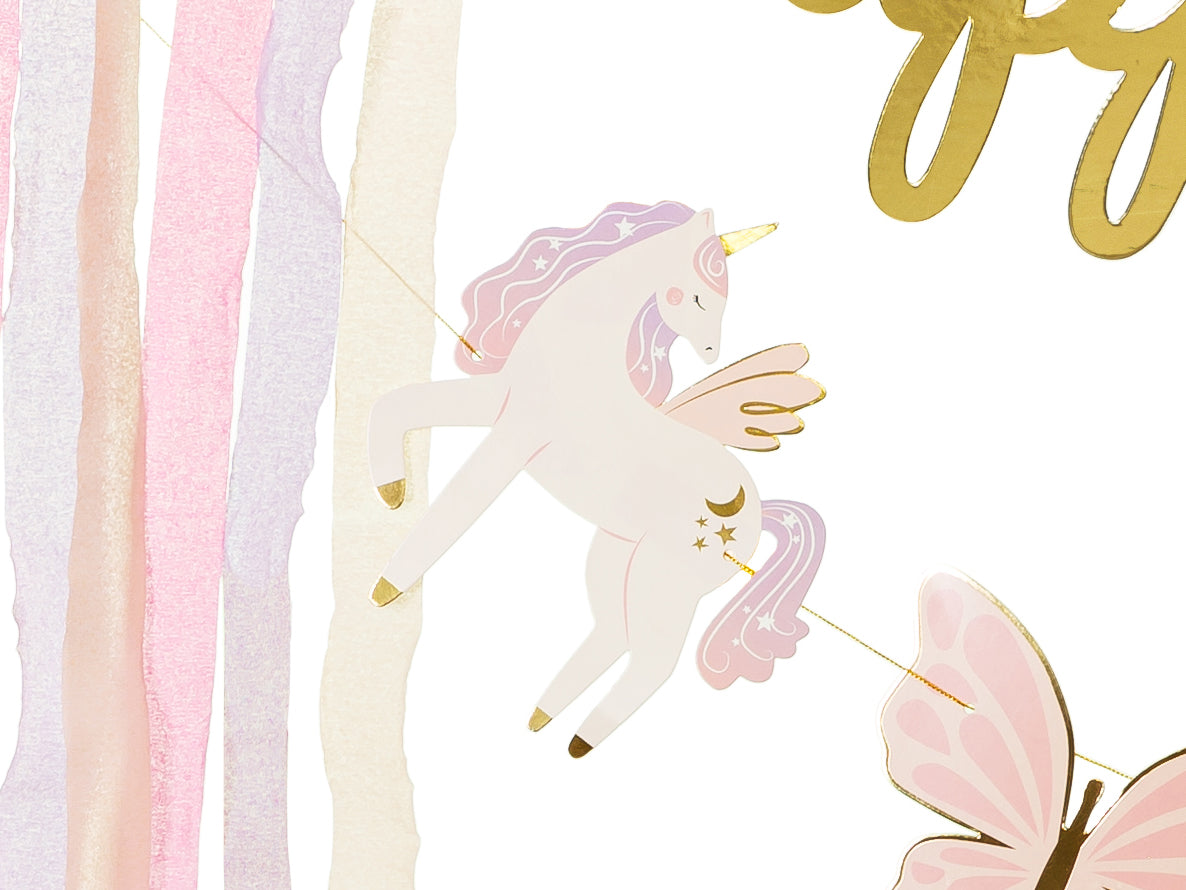 Unicorn "Happy Birthday" banner with stars, rainbow, and butterflies – pastel party garland