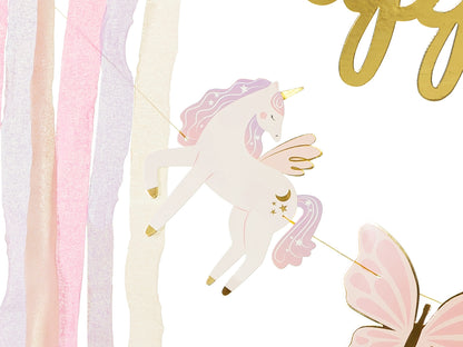 Unicorn "Happy Birthday" banner with stars, rainbow, and butterflies – pastel party garland